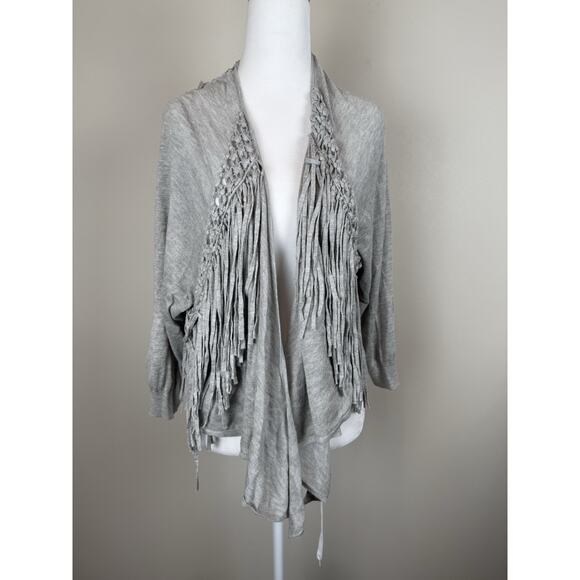 Rebecca Taylor Light Gray Fringe Knit Crochet Cardigan western Sweater Sz S - Picture 2 of 6